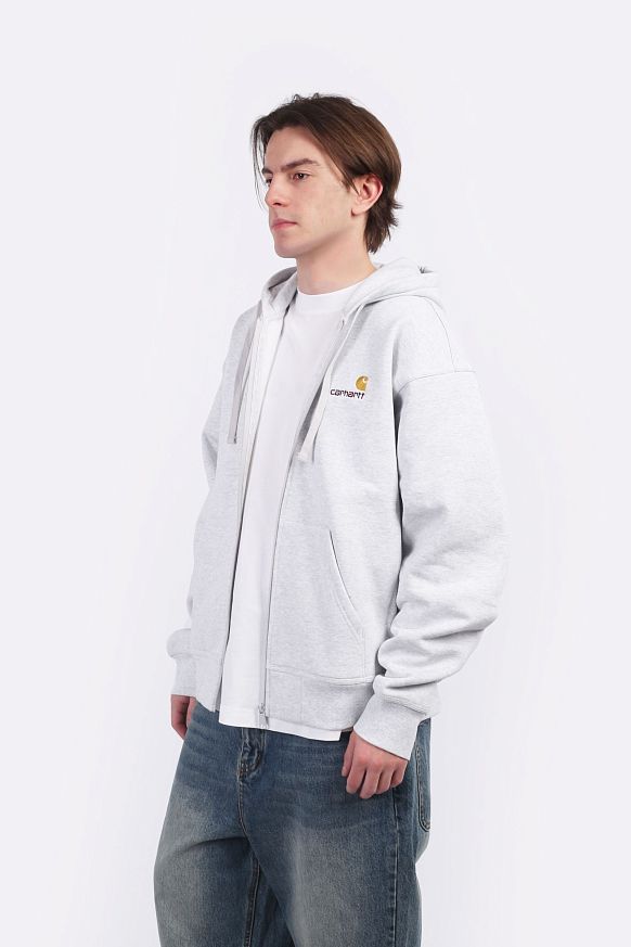 Мужская толстовка Carhartt WIP Hooded American Script Jacket (I033063-Ash Heather) - фото 3 картинки
