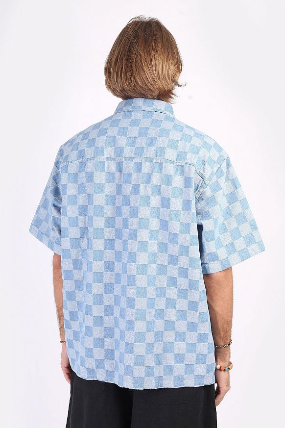 Мужская рубашка FrizmWORKS Checkerboard Denim Half Shirt (SSST024-ligth blue) - фото 5 картинки