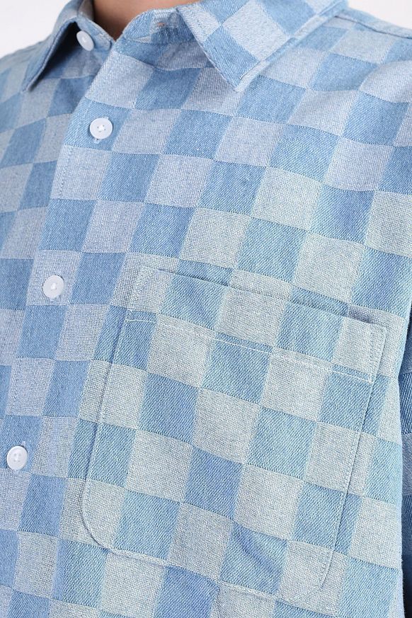 Мужская рубашка FrizmWORKS Checkerboard Denim Half Shirt (SSST024-ligth blue) - фото 3 картинки
