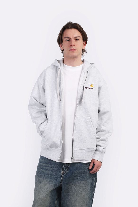 Мужская толстовка Carhartt WIP Hooded American Script Jacket (I033063-Ash Heather) - фото 2 картинки