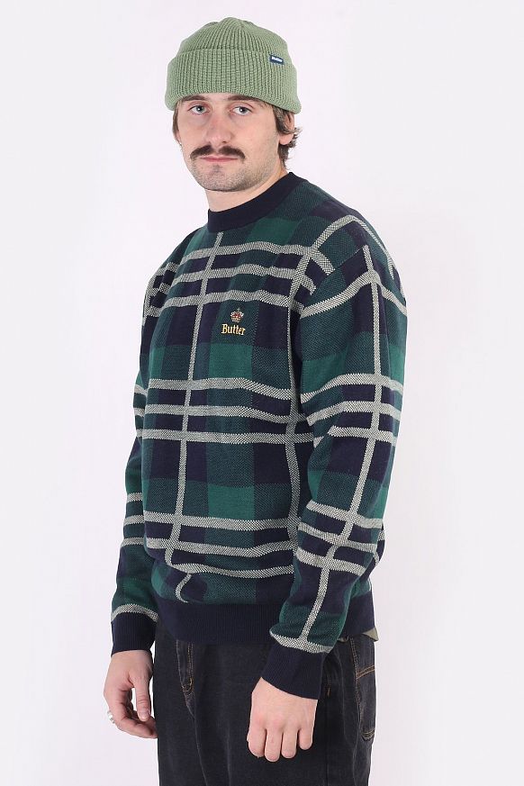 Мужской свитер Butter Goods Plaid Knit Sweater (Plaid Knit-navy/frst/wht) - фото 4 картинки