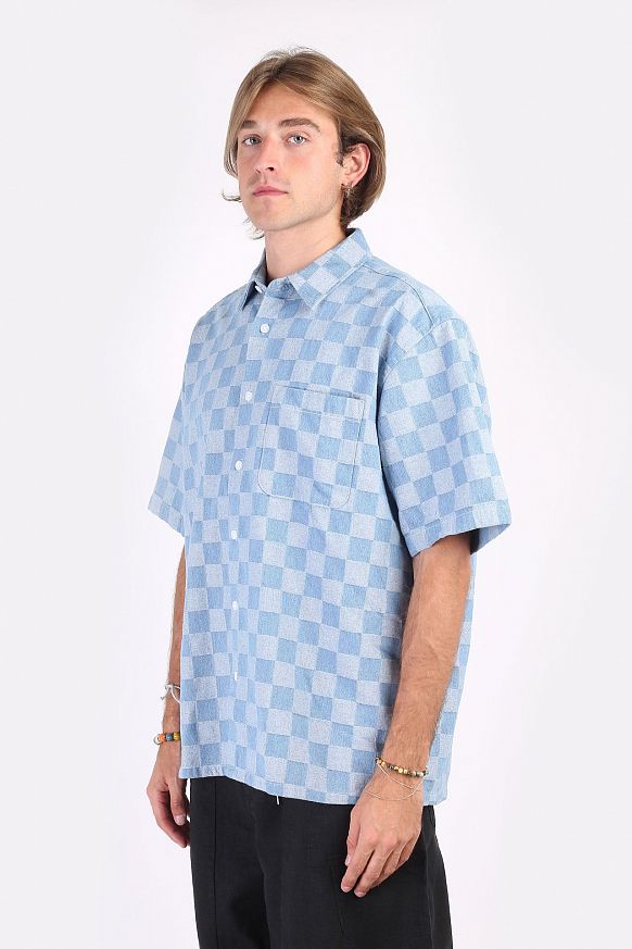 Мужская рубашка FrizmWORKS Checkerboard Denim Half Shirt (SSST024-ligth blue) - фото 2 картинки